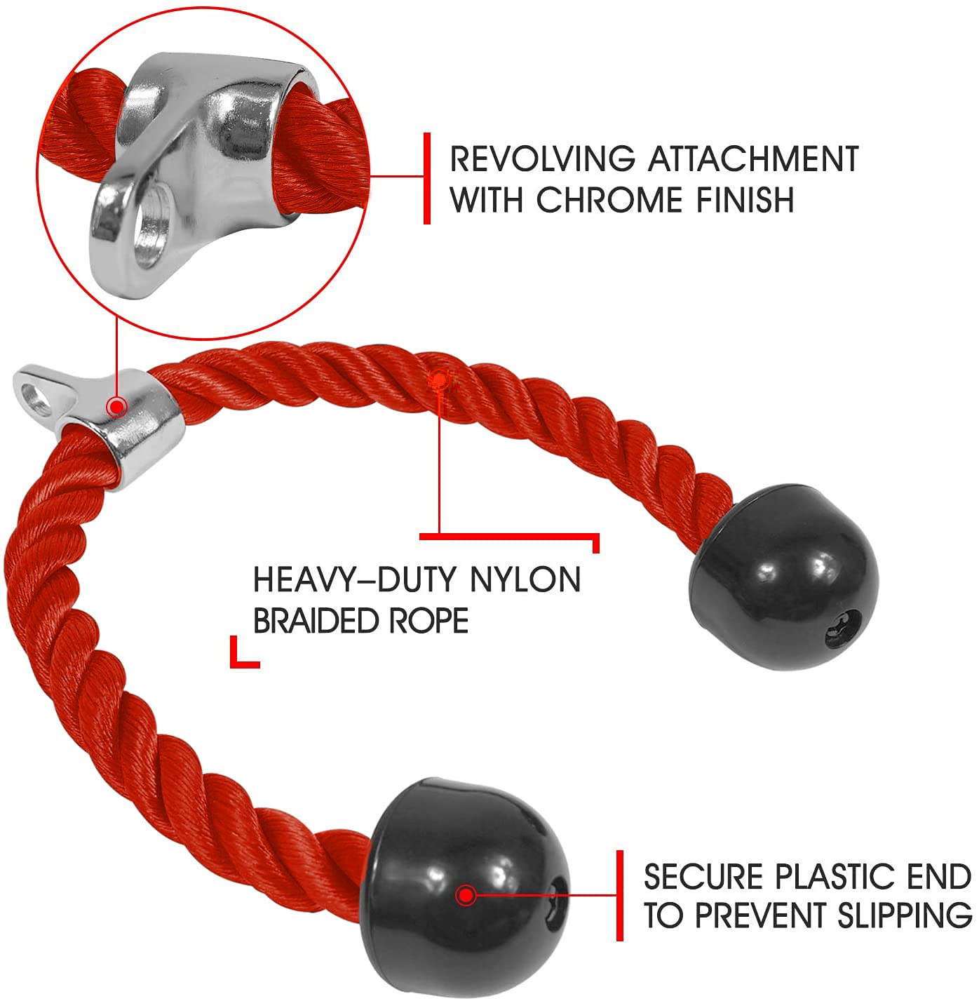Yes4All Deluxe Red Tricep Rope 36 Inches Black Cable Attachment, Pulley System Gym Pull Down Rope With Carabiner, Exercise Machi