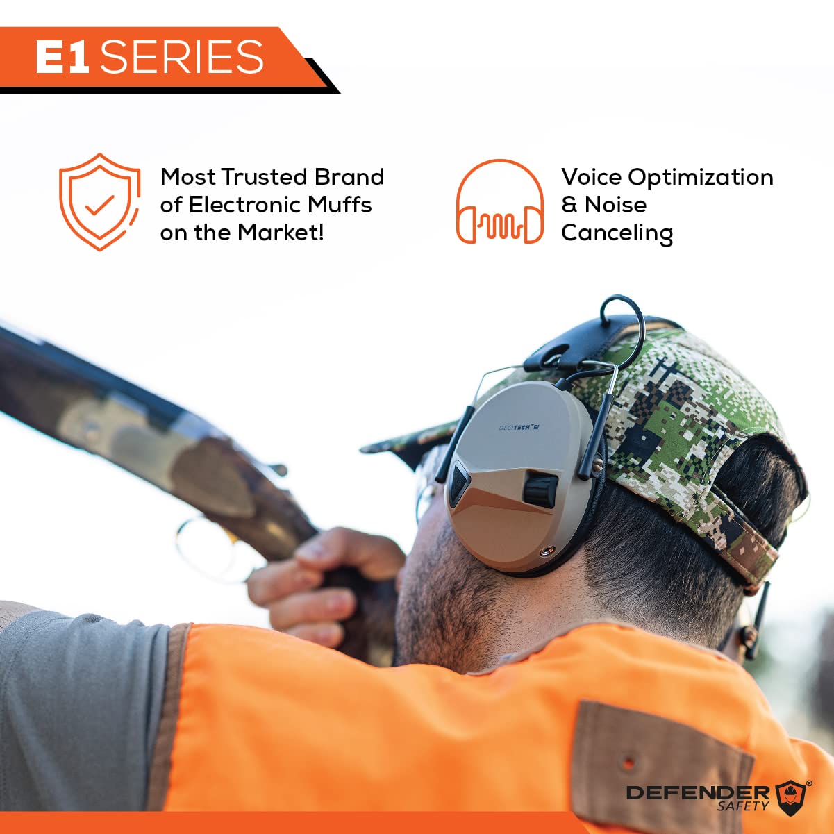 Defender Safety Decitech E1 Electronic Active Hearing Protection, Shooting, Range, Hunting, Tactical Earmuffs, 24 Nnr Rated. (Bl