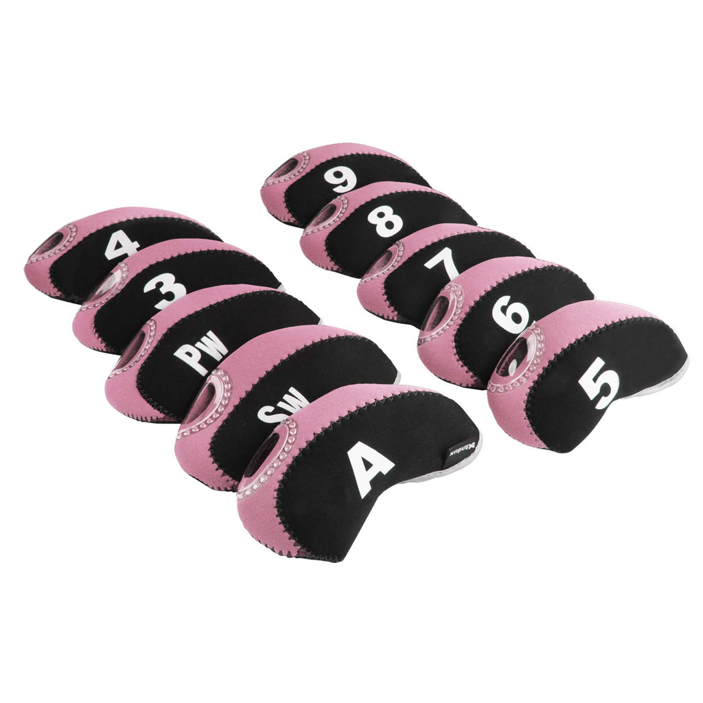 Andux Number Print Golf Iron Club Head Covers With Transparent Window 10Pcs/Set Black/Pink