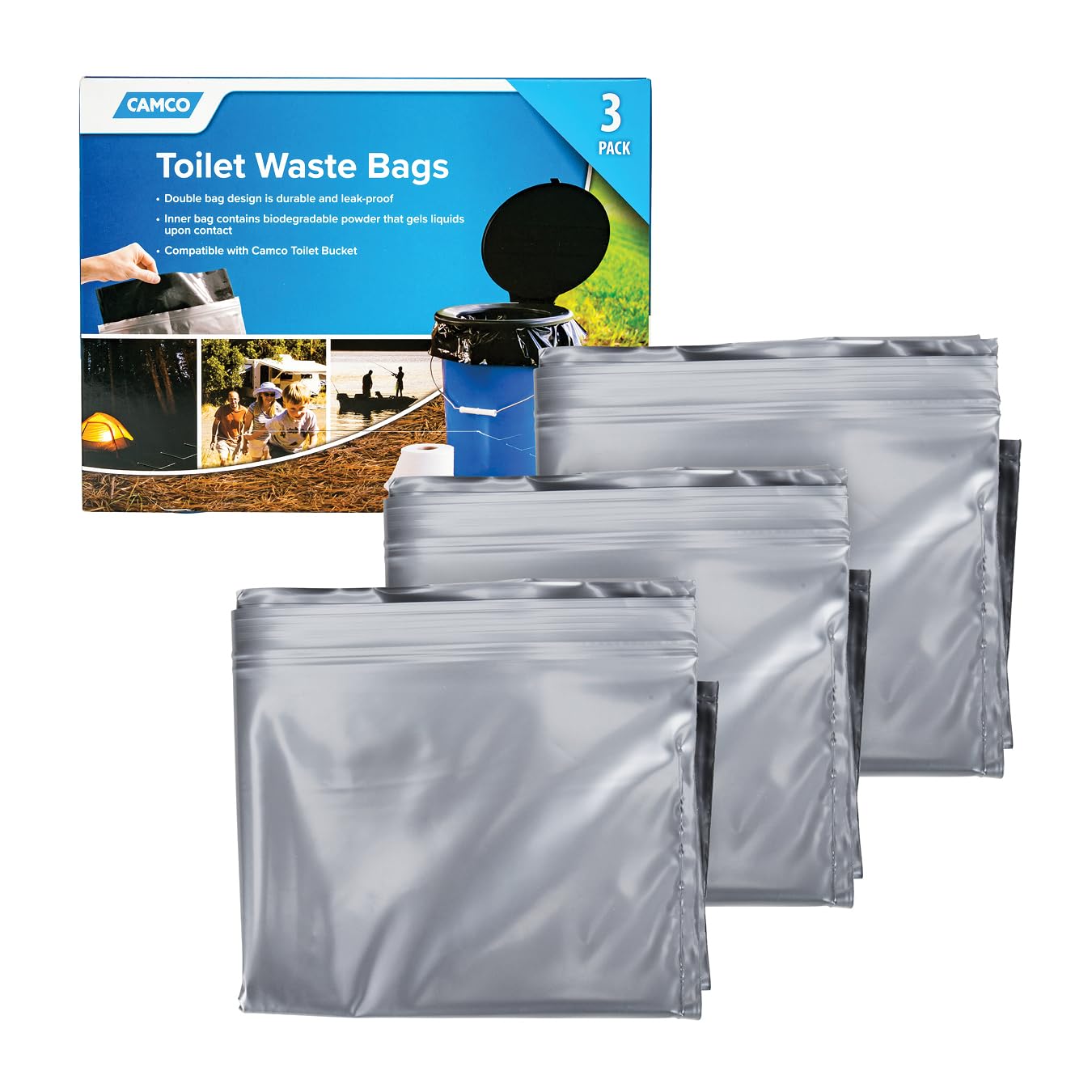Camco Toilet Waste Bags -Durable Double Bag Design Is Leak-Proof, Inner Bag Gels Any Liquid, Great For Camping, Hiking And Hunti