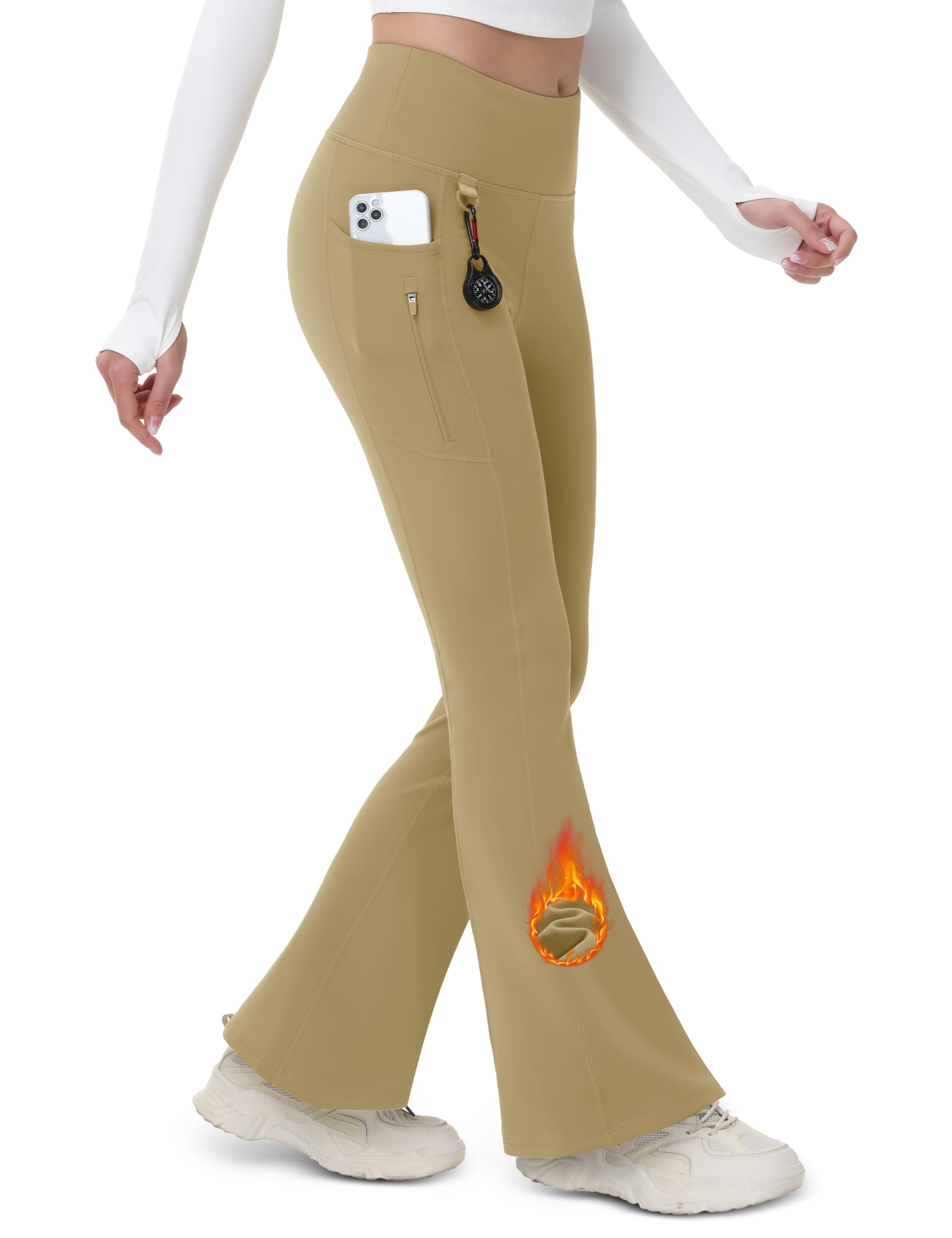 MAGCOMSEN Insulated Leggings for Women Waterproof Fleece Lined Pants with Pockets Winter Hiking Travel Snow Khaki XL