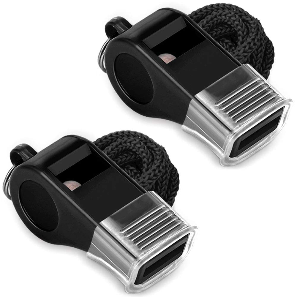 Hipat Whistle, 2 Packs Sports Whistles With Lanyard & Mouth Grip, Loud Crisp Sound, Black Plastic Whistles