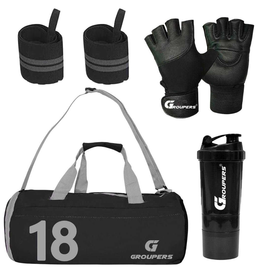 Groupers 2025L Black Foldable Gym & Travel Duffle With Shoe Pocket + 500Ml Spider Shaker + Ventilated Weightlifting Gloves + 21