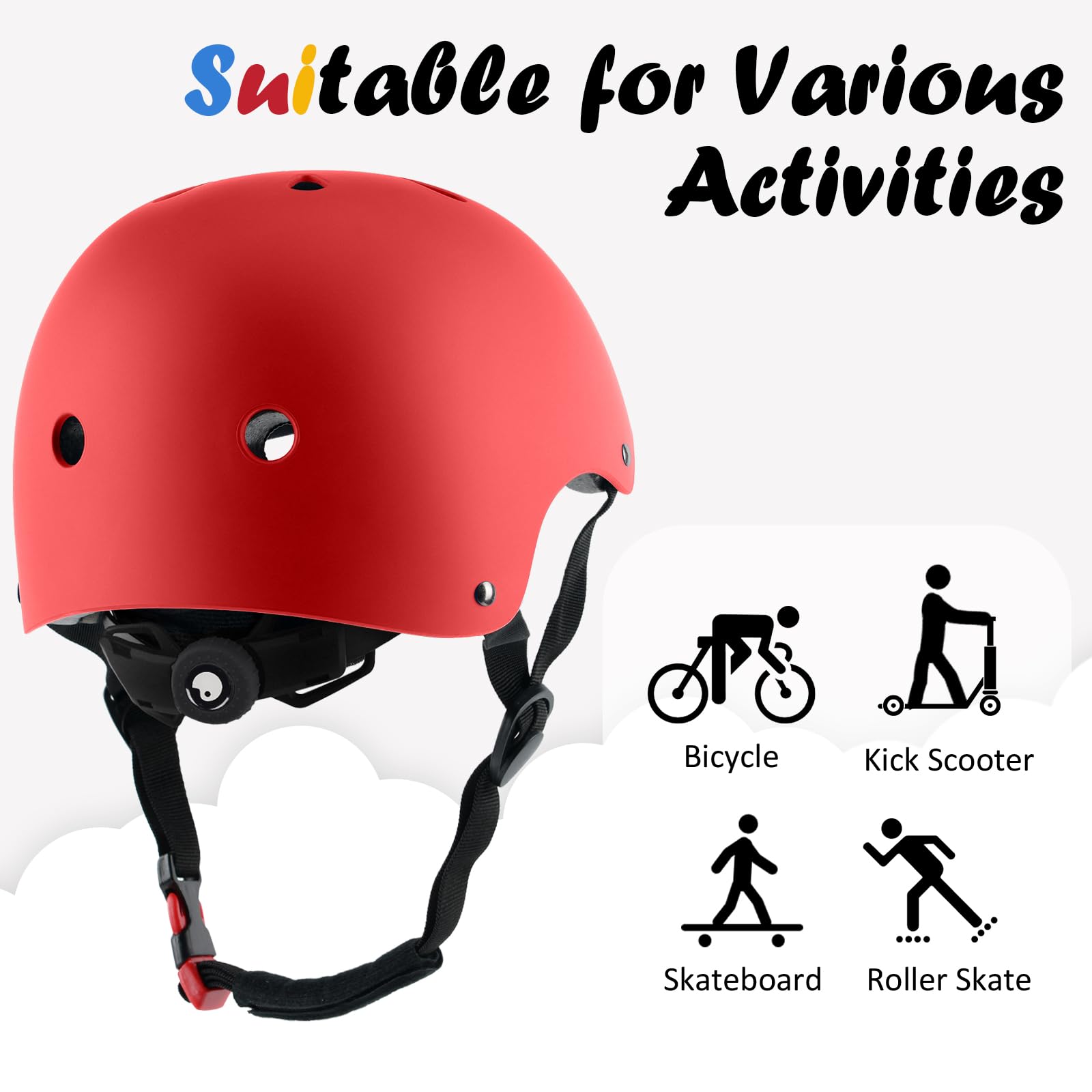 Kids Bike Helmet, Adjustable And Multi-Sport, From Toddler To Youth, 3 Sizes (Red)