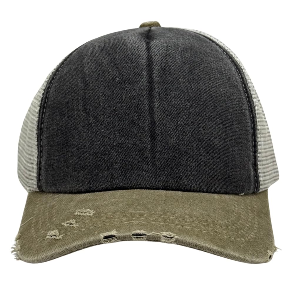 The Tie Hub Grey & Olive Distressed Trucker Cap For Men & Women With White Mesh Back