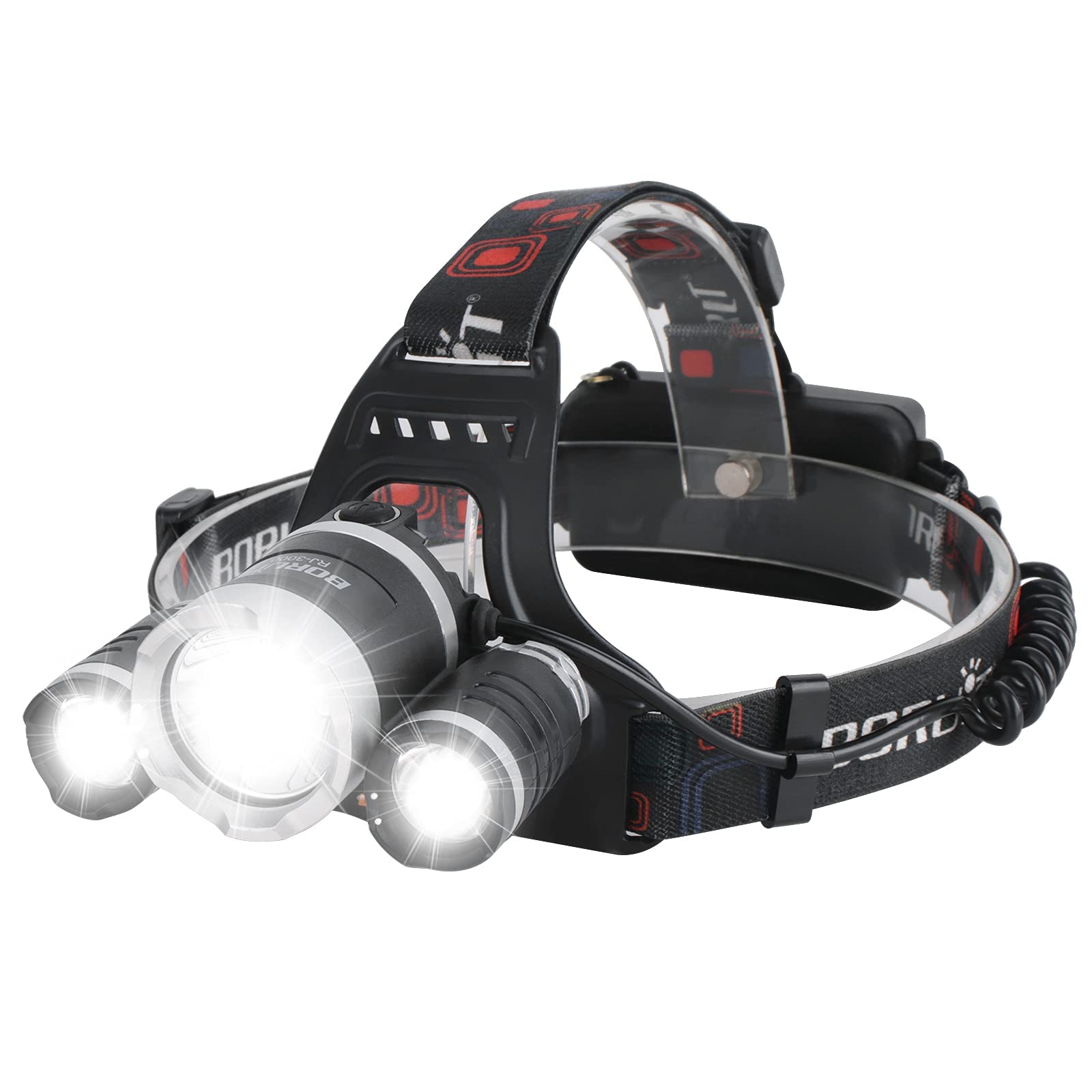 BORUIT RJ-3000 Headlamp Rechargeable, LED Head Lamp Super Bright - Outdoor Headlight 4 Modes, 4 Helmet Clips, Waterproof Constru