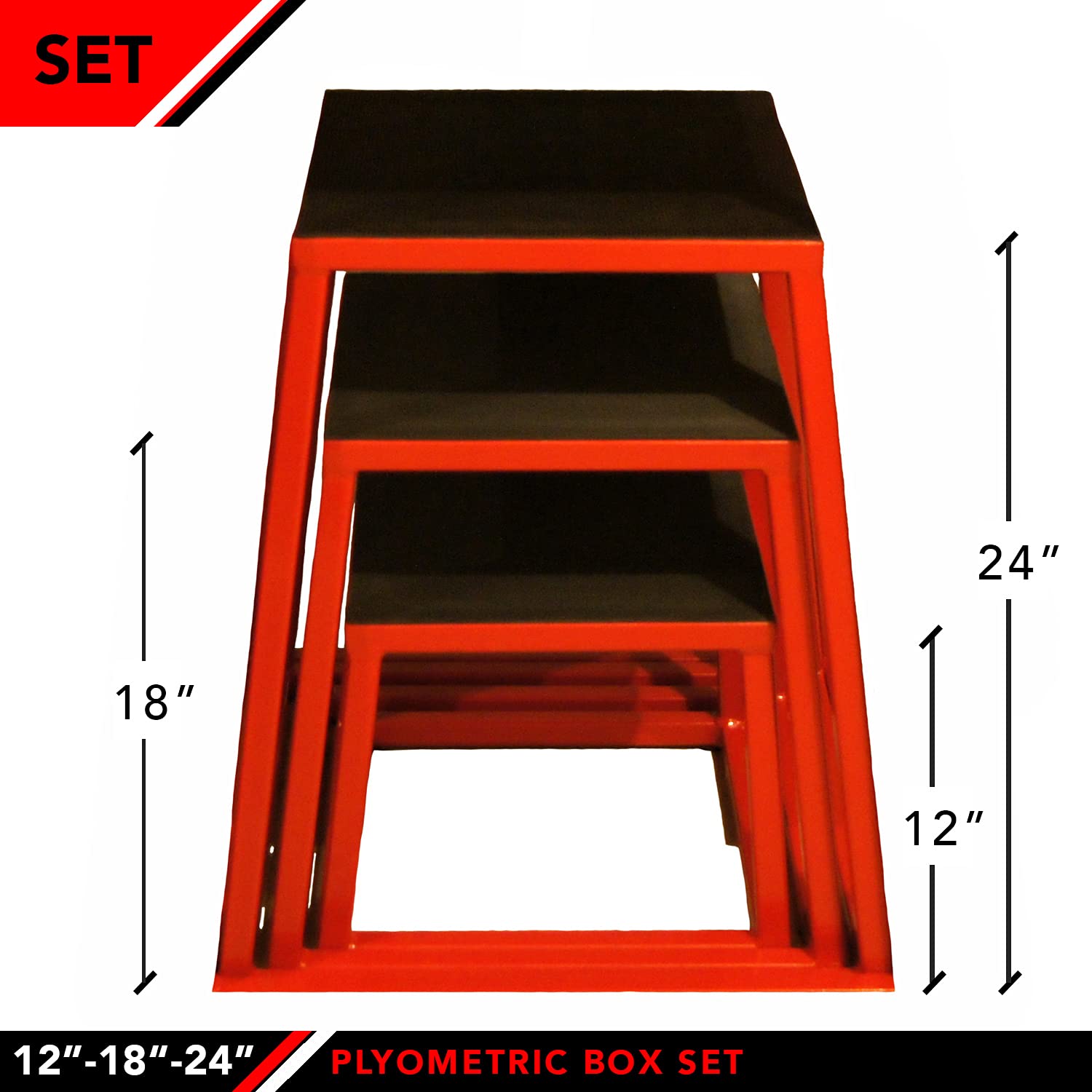 Jfit Plyometric Jump Box Set Of 3 - 12'', 18'', 24'', Red/Black