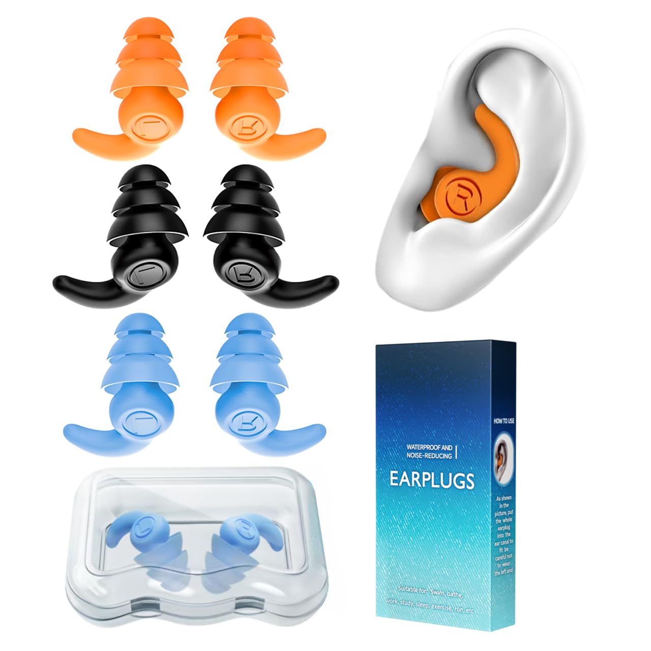 Waterproof Swimming Ear Plugs For Adults, 3 Pairs Reusable Silicone Swimmer Earplugs, Ear Protection For Showering Swimming Bath