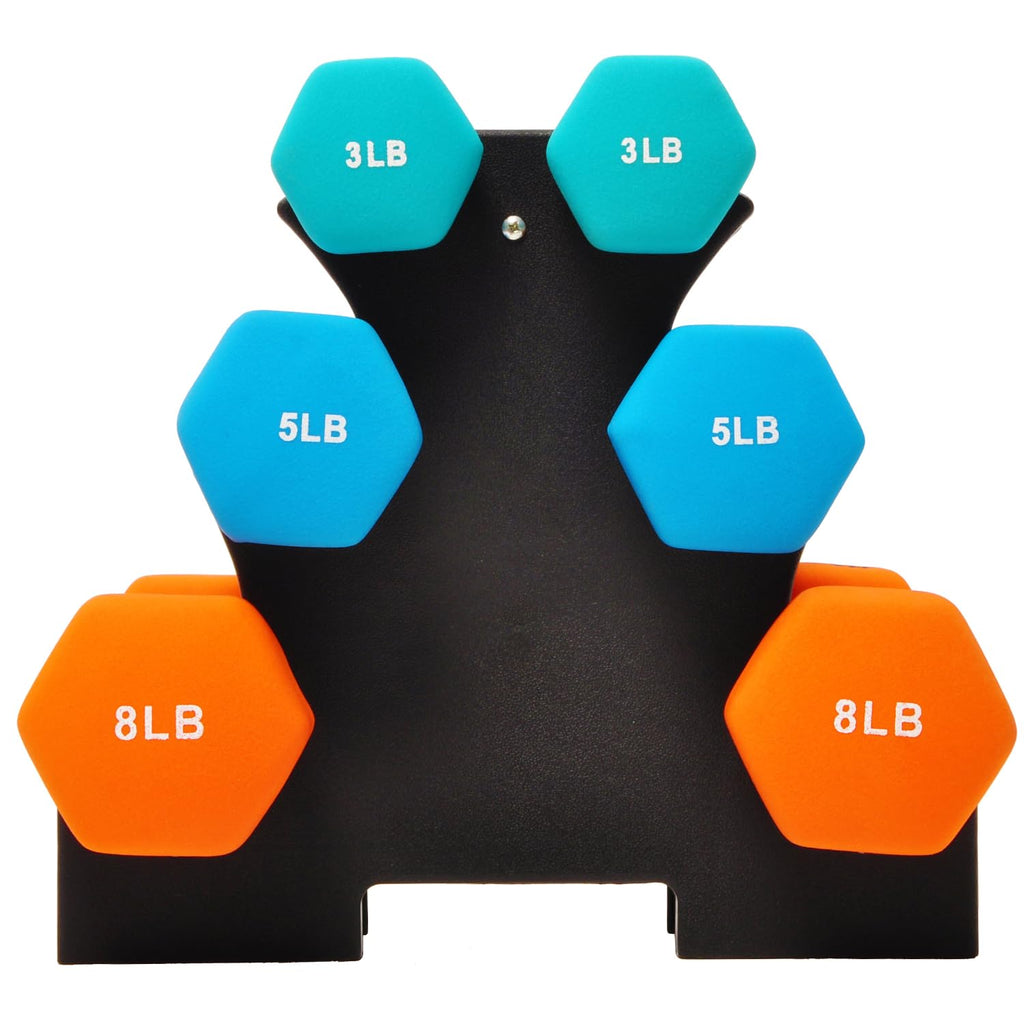 Signature Fitness Set Of 2 Neoprene Dumbbell Hand Weights, Anti-Slip, Anti-Roll, Hex Shape Colorful (Set With Rack: 32-Pound, 3