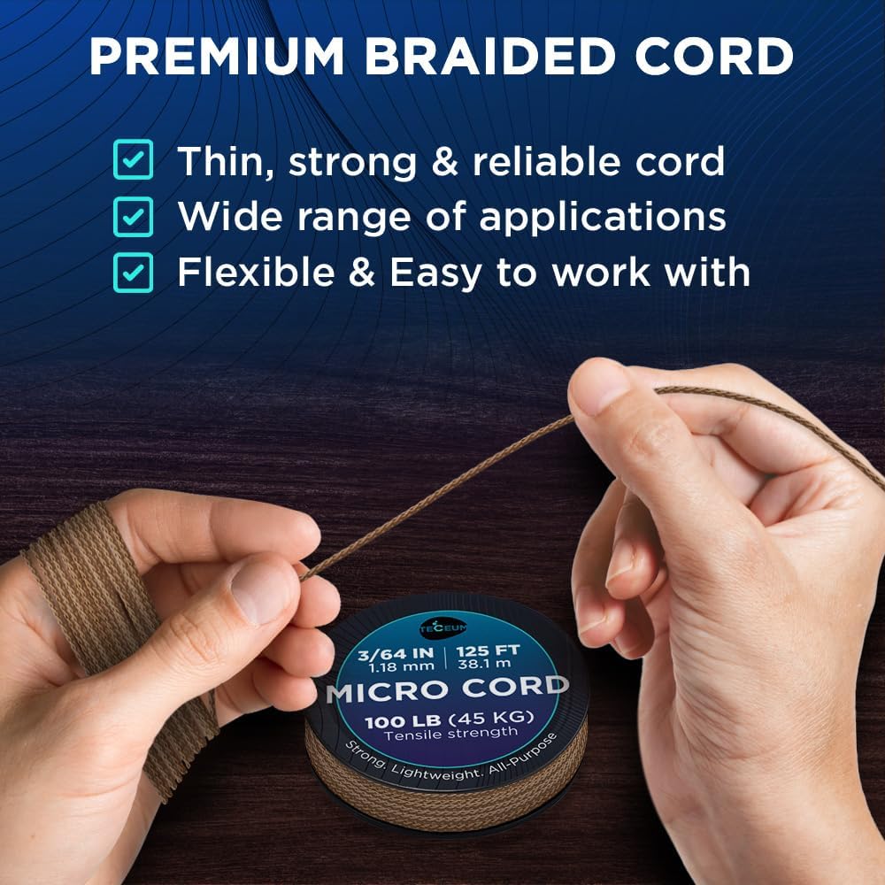 Teceum Micro Paracord - Coyote Brown - 1.18 Mm X 125 Ft - Micro Utility Cord - Thin Braided Paracord Rope Nylon Polyester - Wind