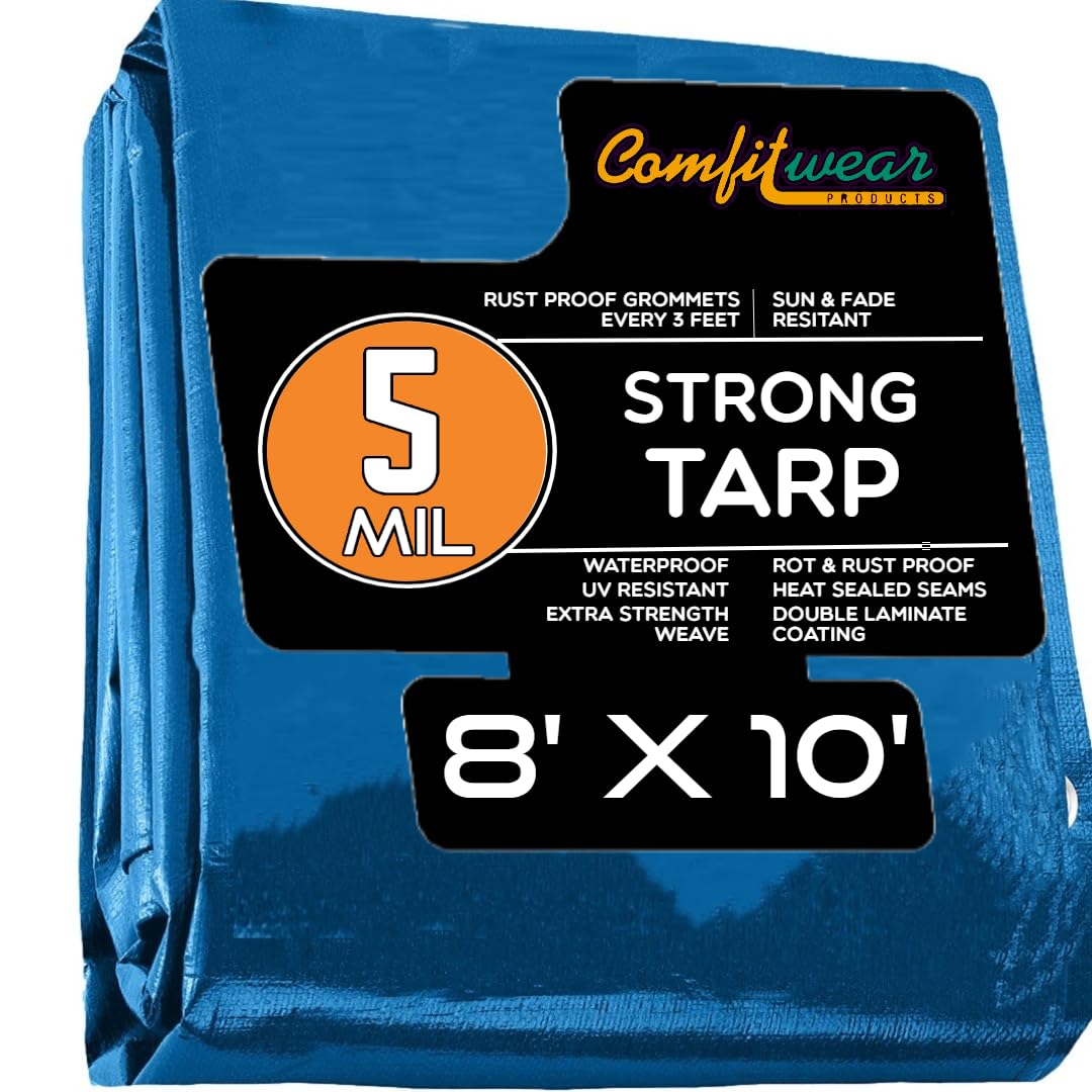 Comfitwear 8X10 Blue Poly Tarp Cover, Water Proof Tent Shelter Camping Rv Boat Tarpaulin