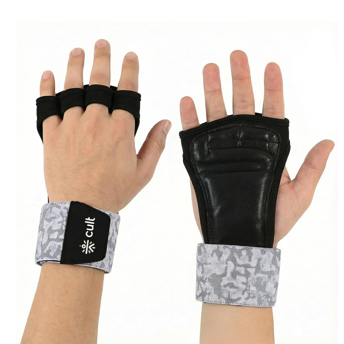 CULT Leather Gym Gloves with Wrist Wrap Support for Weightlifting & Powerlifting | Heavy Duty Leather Half Finger Workout Gloves