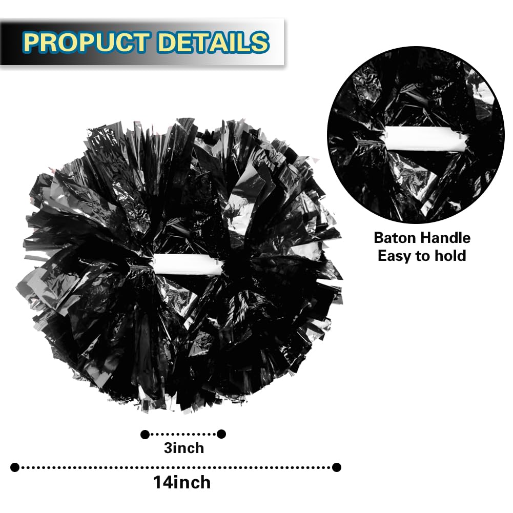 Lovecheer 2Pcs Pom Poms Cheerleading Black Metallic Cheer Pom Poms With Baton Handle For Sports Team Spirit Party Cheering