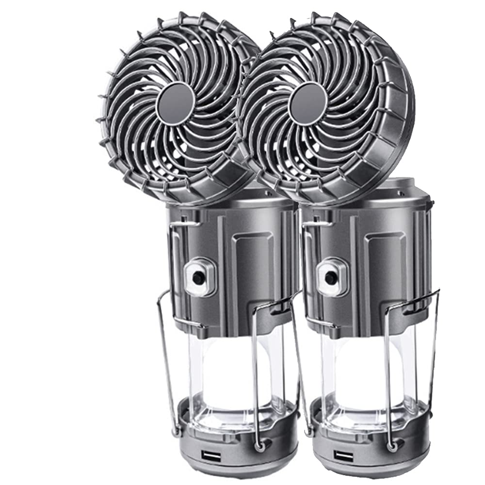 SupBri 2Pack Solar Camping Lantern with Fan, 3-Way Power Source,Rechargeable Lanterns for Power Outages, Camping Lights for Tent