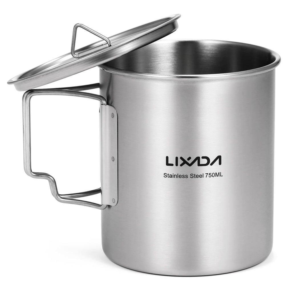 Lixada 750Ml Camping Cup Pot Cup Stainless Steel Water Cup Mug With Foldable Spoon For Outdoor Camping Hiking Backpacking