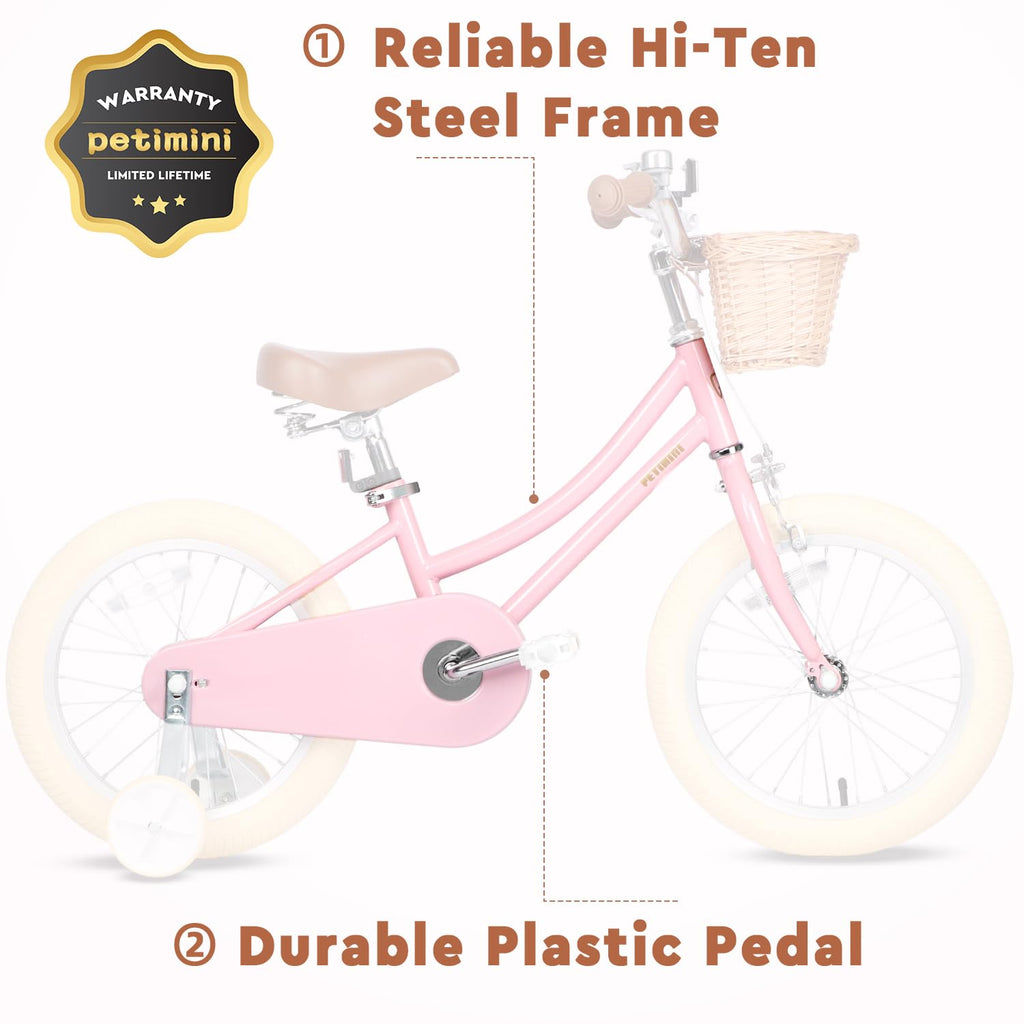 Petimini 14 Inch Little Kids Bike For Age 3 4 5 Years Old Girls Retro Vintage Style Bicycles With Basket Training Wheels And Bel