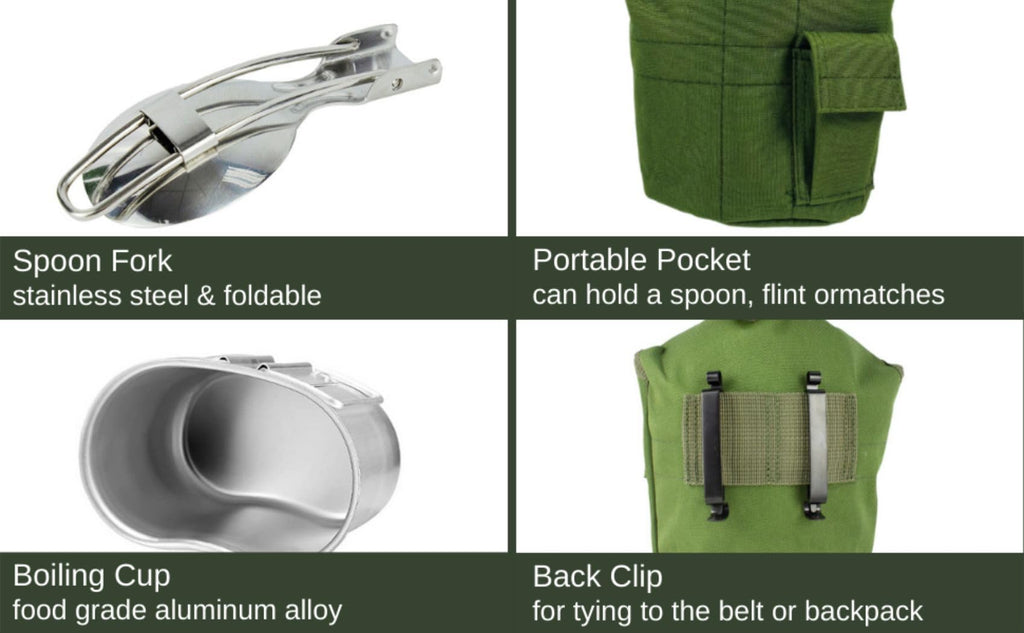Begrit Military Canteen Army Canteen Wwii Us G.I. Style Canteen Kit With Aluminum Cup Stainless Steel Foldable Spoon Fork For Hi