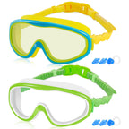 Cooloo Kids Swim Goggles For Age 3-15, 2 Pack Kids Goggles For Swimming With Nose Cover, No Leaking, Anti-Fog, Waterproof, Green
