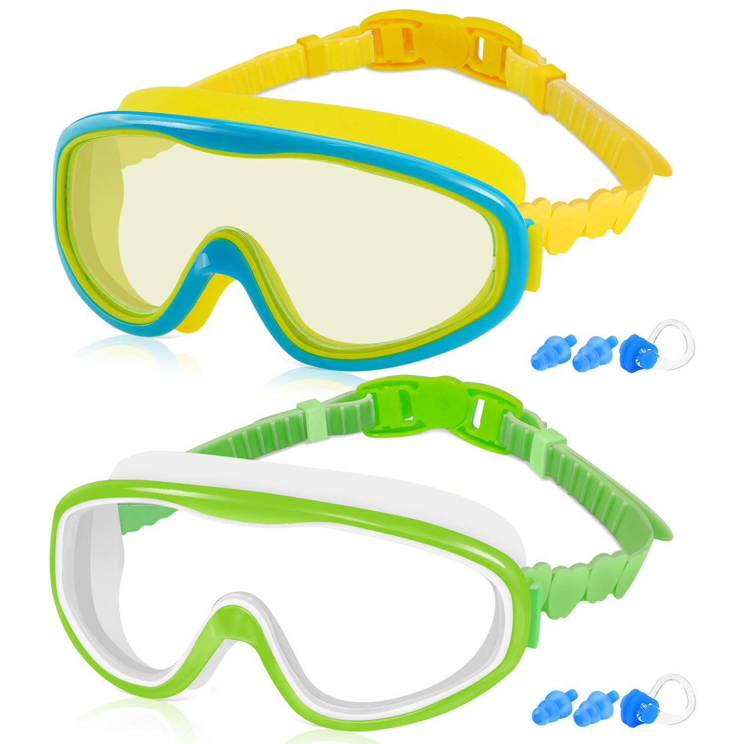 Cooloo Kids Swim Goggles For Age 3-15, 2 Pack Kids Goggles For Swimming With Nose Cover, No Leaking, Anti-Fog, Waterproof, Green