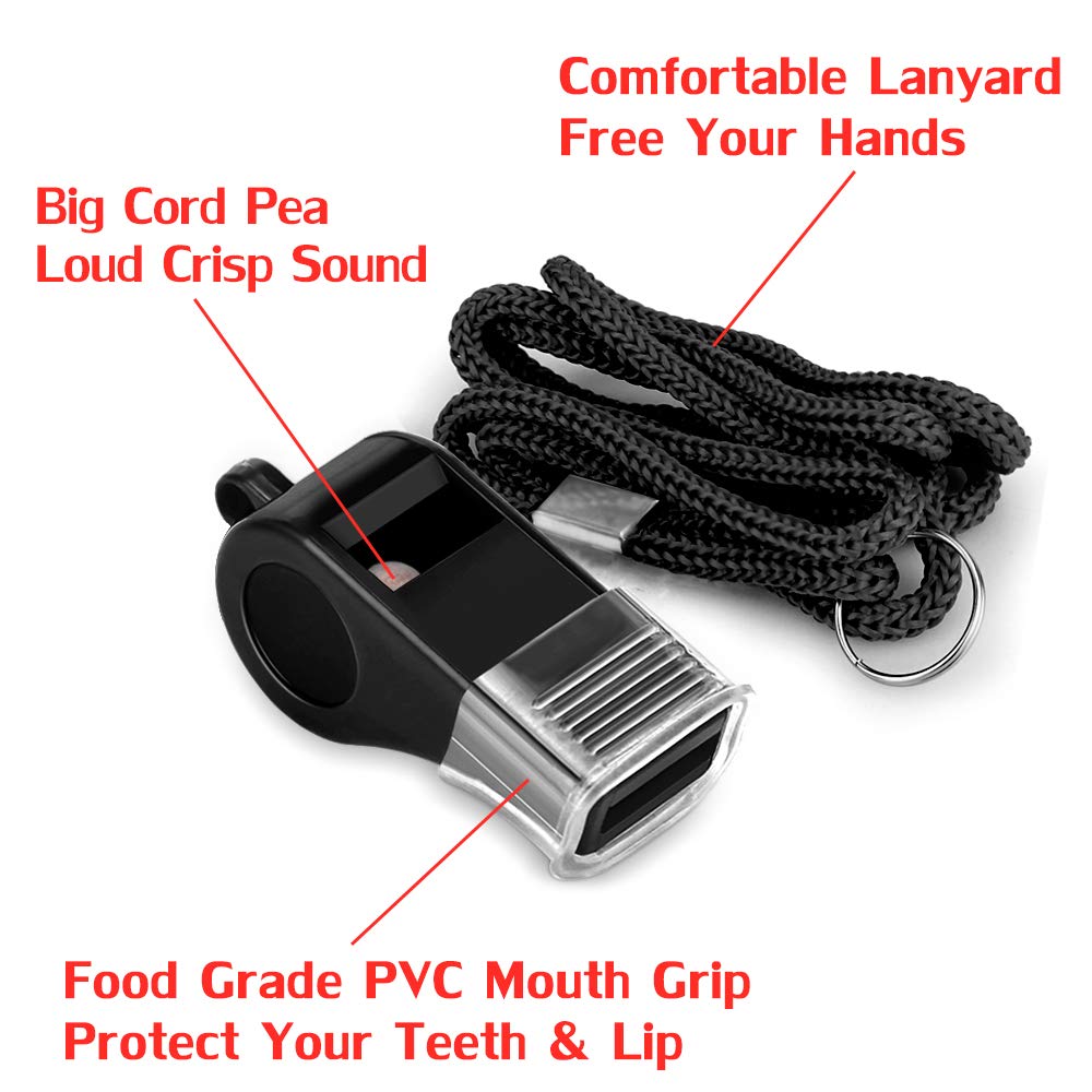 Hipat Whistle, 2 Packs Sports Whistles With Lanyard & Mouth Grip, Loud Crisp Sound, Black Plastic Whistles