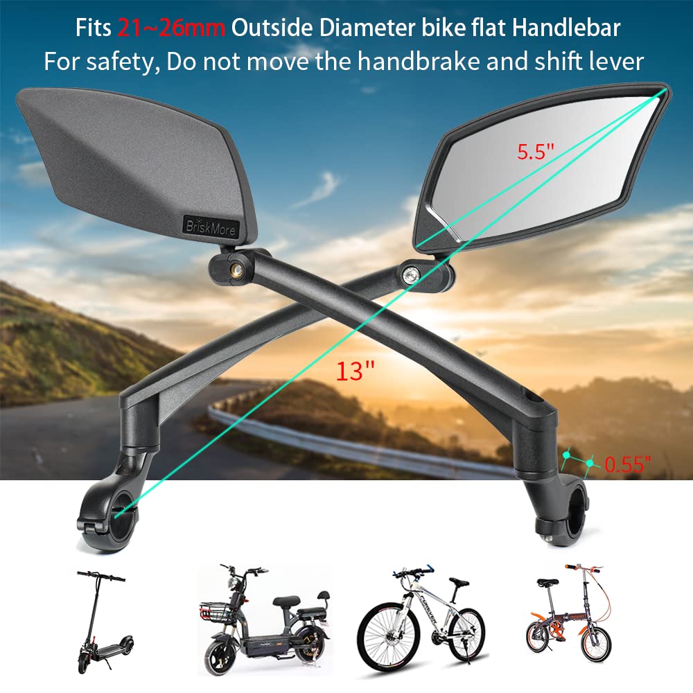 Bike Mirror For Handlebar Bikes Briskmore Bicycle Mirror For Scooter E-Bike, Scratch Resistant Glass Lens, Ajustable And Rotatab