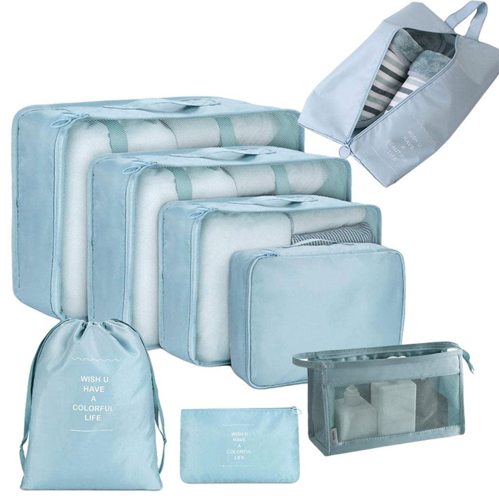 Vms India 8Pcs/Set Packing Cubes For Travel Clothes Sorting For Home Camping Family Light Blue