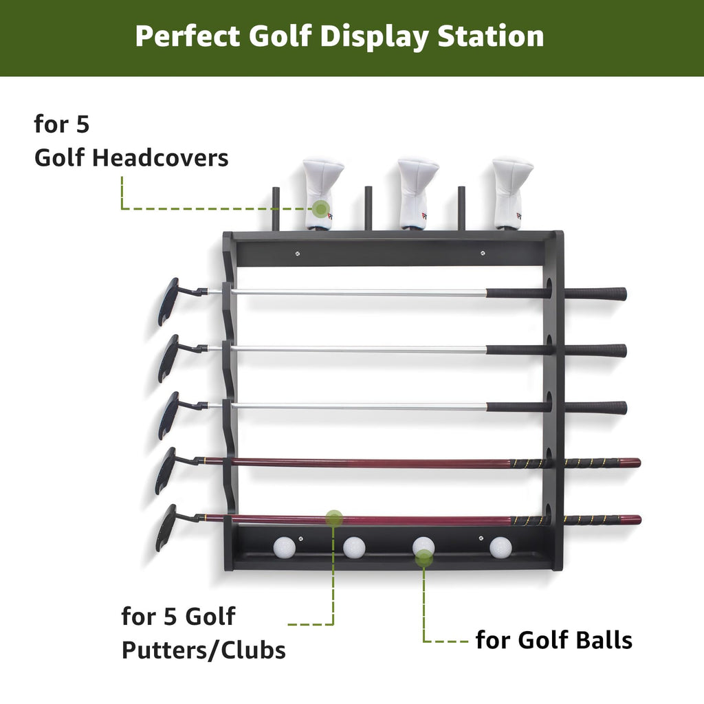 Golf Club Holder Rack - Indoor Wooden 5 Golfs Putter Storage Wall Mount Stand, Organizer For Sticks Clubs/Putter/Golf Balls/Head
