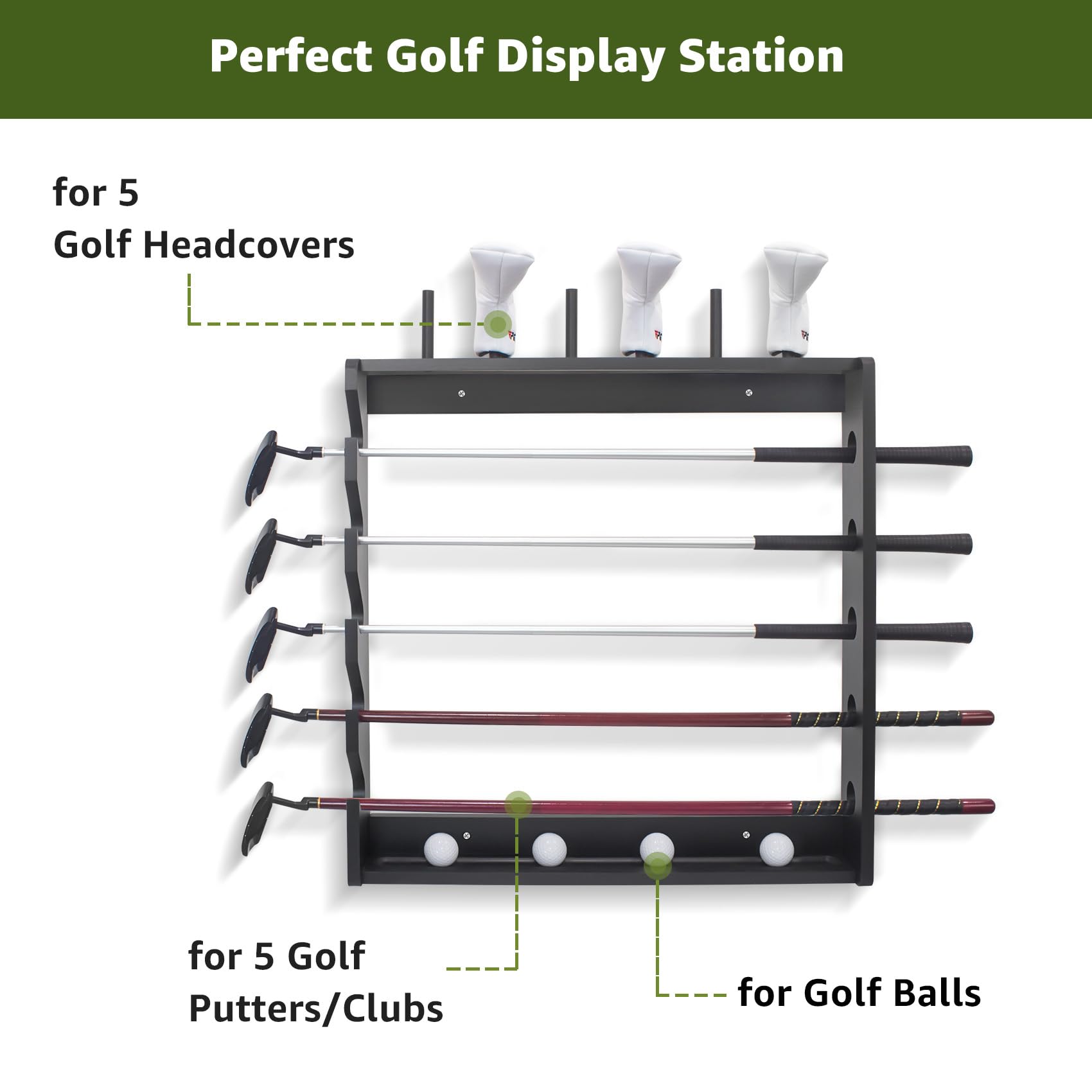 Golf Club Holder Rack - Indoor Wooden 5 Golfs Putter Storage Wall Mount Stand, Organizer For Sticks Clubs/Putter/Golf Balls/Head