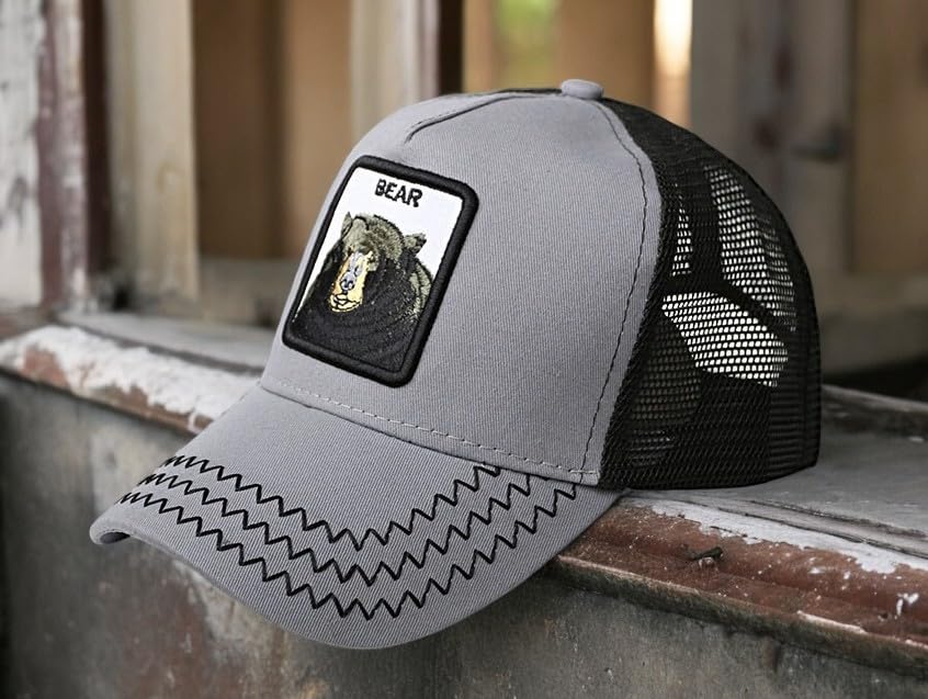 Gildman Unisex Denim Cap With Bear Graphic Water Resistant Rapid Dry Lightweight Sports Cap With Adjustable Strap Brown [ Free S