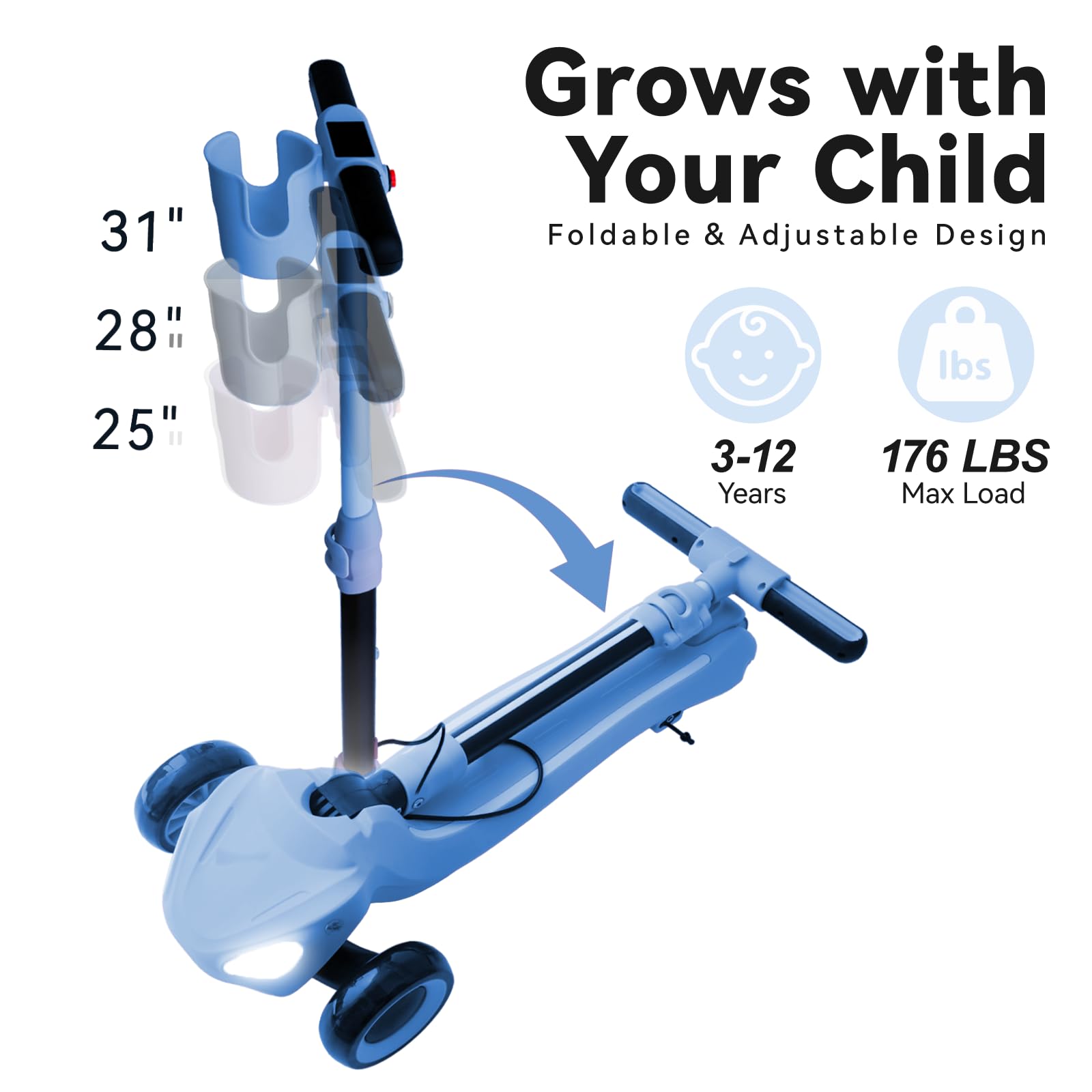 Electric Scooter for Kids Age 3-10, 2025 Upgraded, Storage Basket, LCD Screen, Full Body Lights Up, Wide Deck, 5Mph Safe Speed,