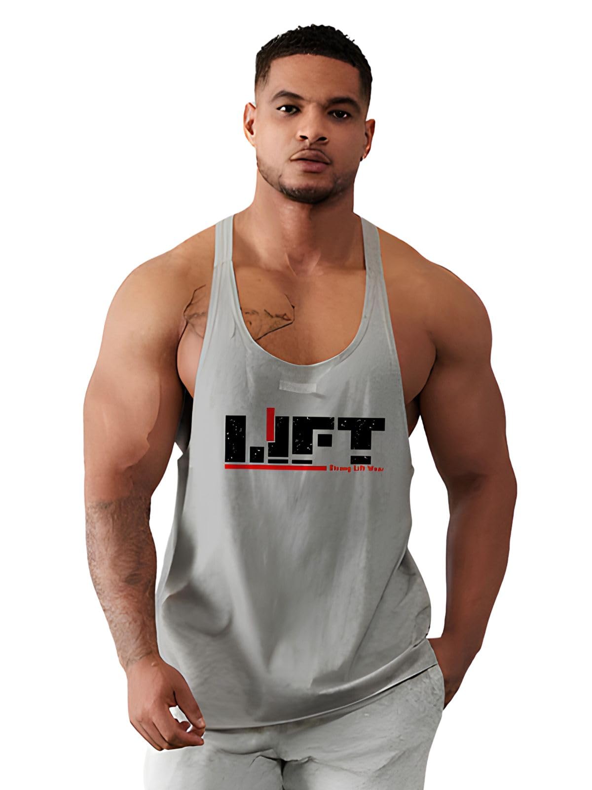 BAB Mens Regular Sleeveless Polyester Vest | Super Soft & Comfort Fit Gym Sando for Workout | Lift Print Light Grey