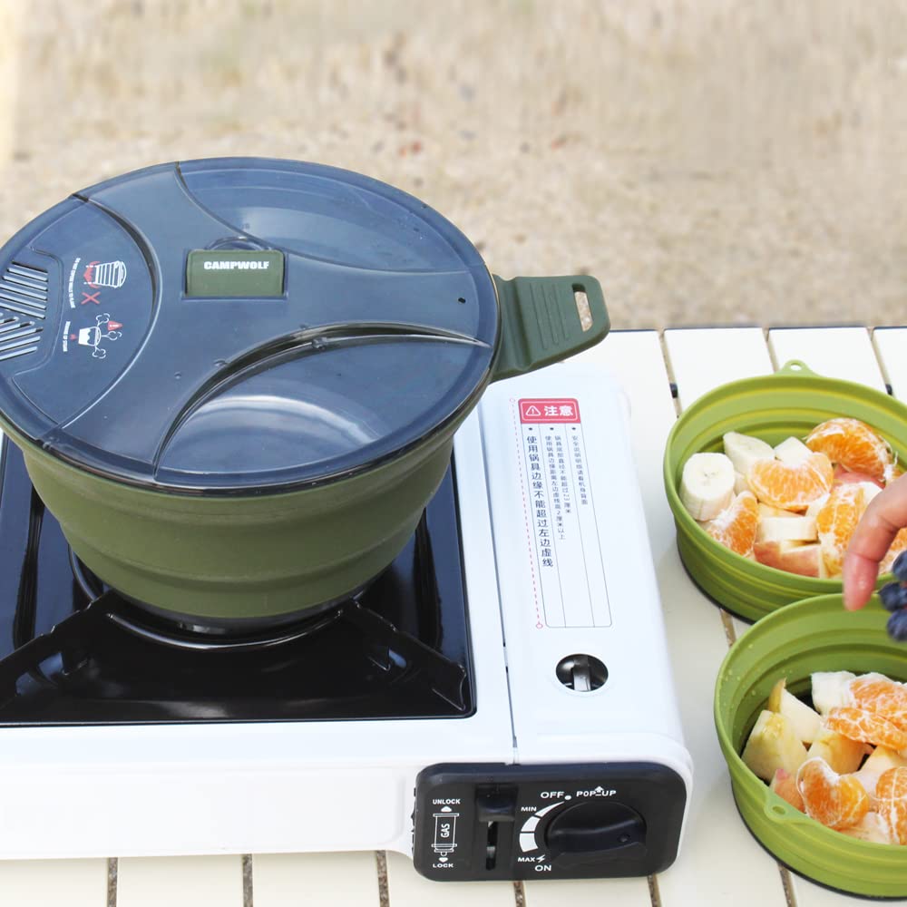 Campwolf 2.5L Collapsible Camping Cook Pot,Portable Cookware For Outdoor Hiking (Dark Green)