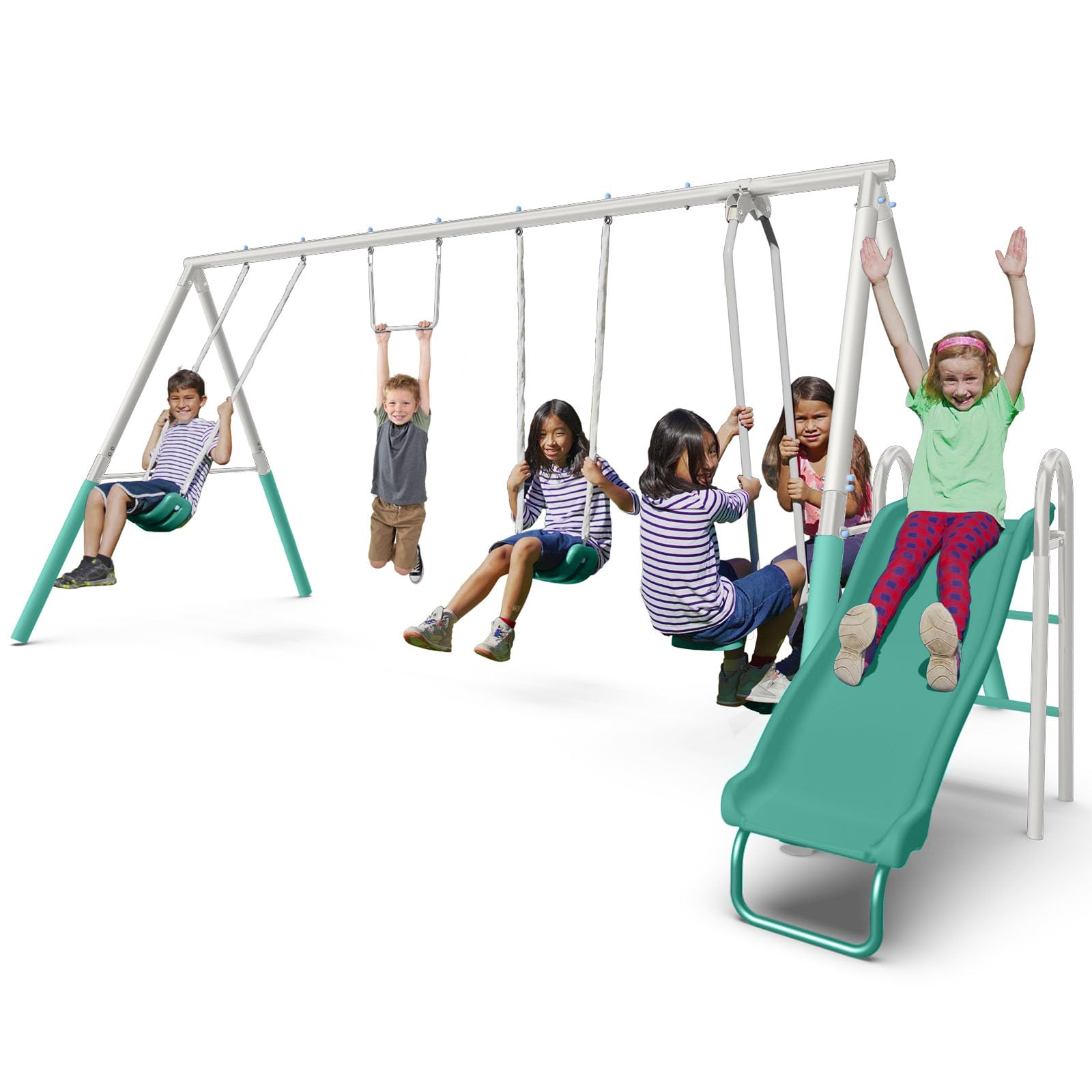 The Swing Company 600LBS Yonkers Metal Swing Set, Outdoor Backyard Playset Kids Aged 3-8 with 2 Swings, Glide Ride, Trapeze, 5ft