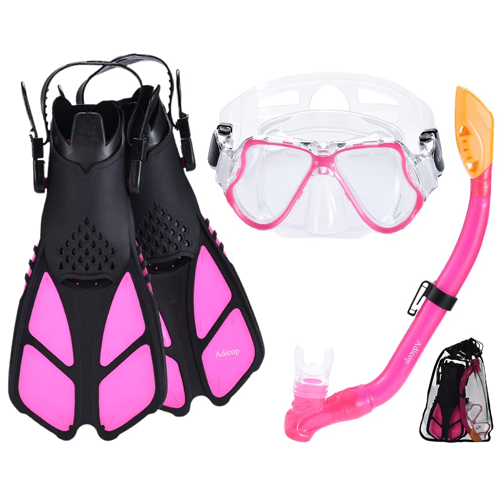 Adicop Kids Mask Fin Snorkel Set For 3-7 Years Old Boys And Girls With Panoramic Snorkel Mask Diving Goggles Dry Top Snorkel And