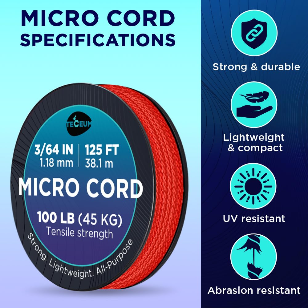 Teceum Micro Paracord - Red (Fire) - 1.18 Mm X 125 Ft - Micro Utility Cord - Thin Braided Paracord Rope Nylon Polyester - Wind C