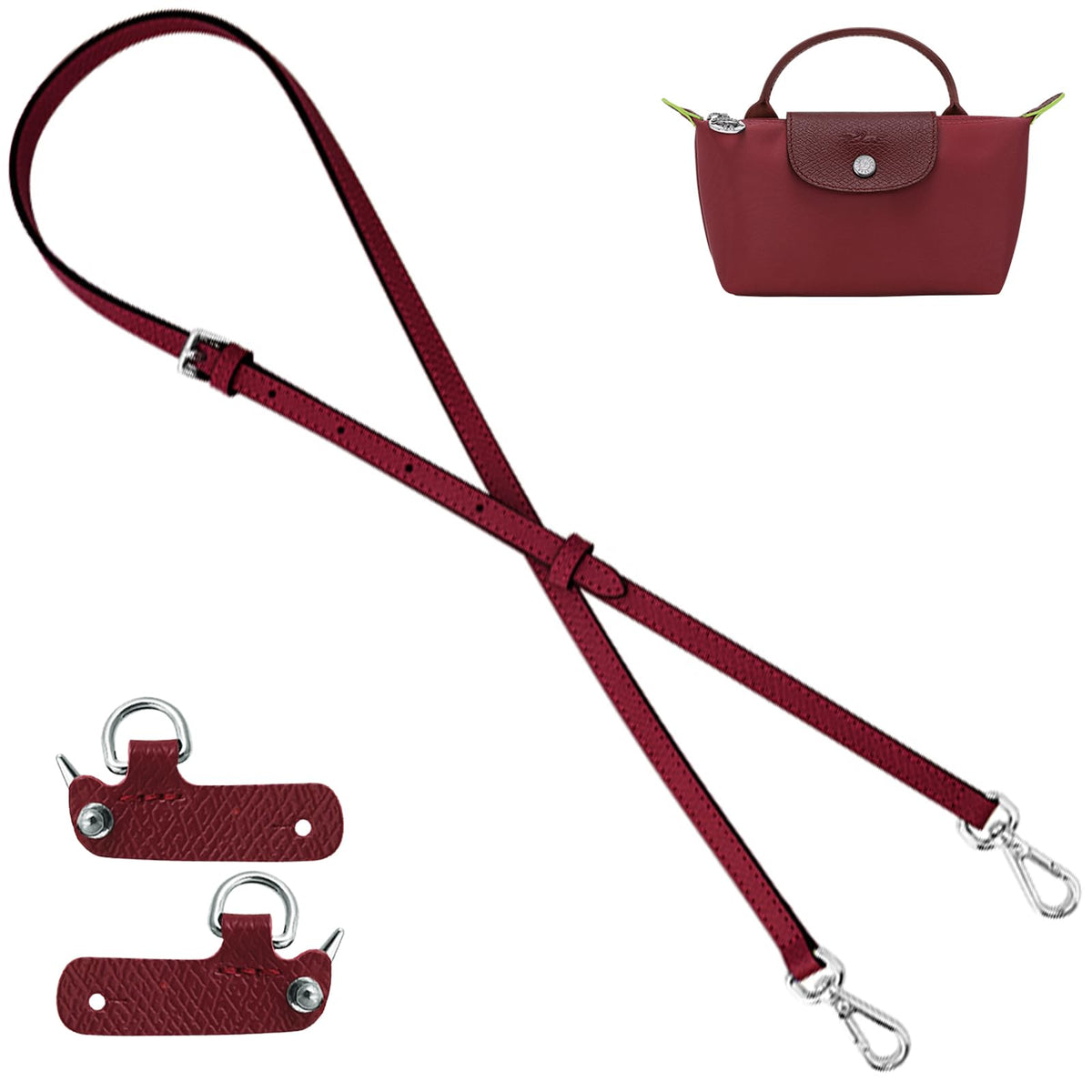 Kiyomil Bag Leather Strap Replacement Adjustable Crossbody Shoulder Straps For Le Pliage Pouch, MiniPomegranate Red, W0.47In, C