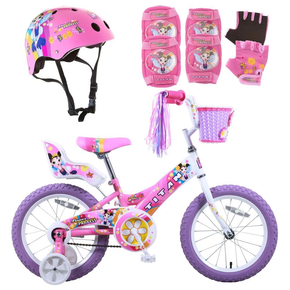 Titan Girls Pink Flower Princess BMX Bike for 4-9 Years Girls with Training Wheels 16 Inch Kids Toddler Bicycle with Protective