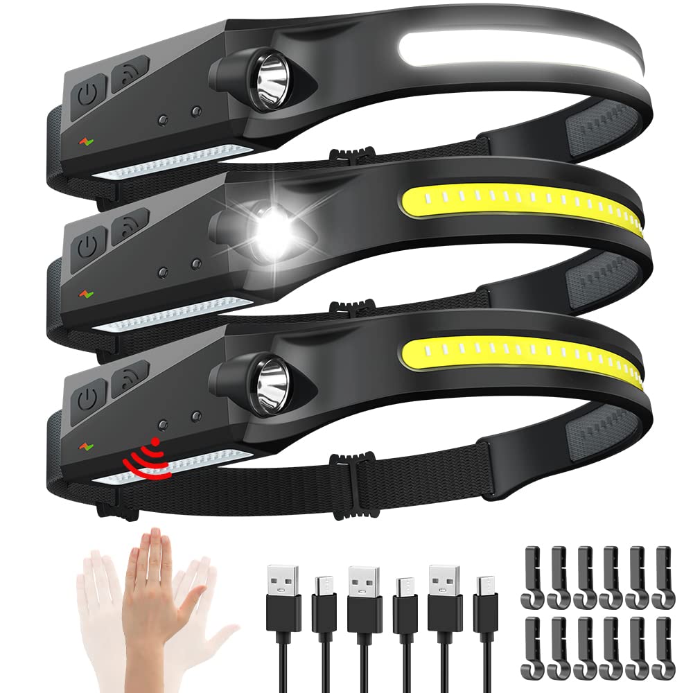 Rechargeable Headlamp 3PCS, 230 Wide Beam Head Lamp, Motion Sensor LED Headlamp Rechargeable, 5Mode Bright Headlamps for Adults,