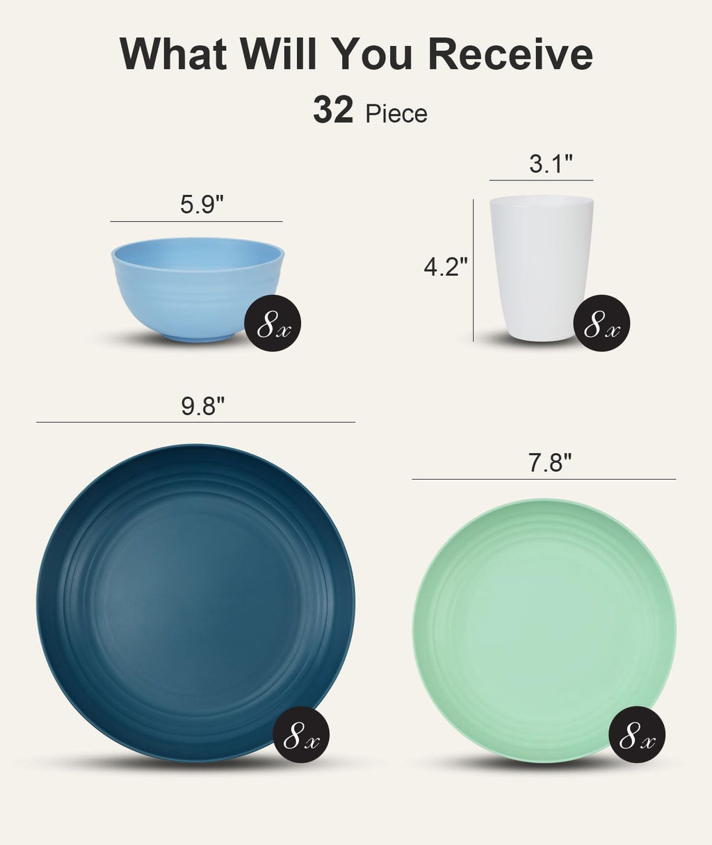 Quatish 32 Piece Plates And Bowls Sets For 8, Unbreakable Dinnerware Sets, Plastic Dish Set For Camping, Dishwasher & Microwave