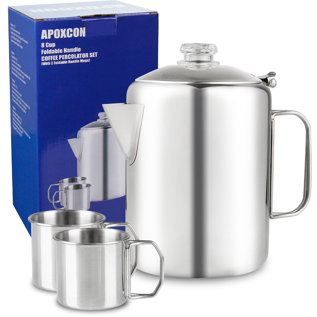Apoxcon Coffee Percolator Bundle With 2 Mugs Stainless Steel Coffee Maker With Heat Resistant Tough Glass Knob & Foldable Handle