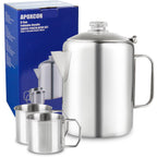 Apoxcon Coffee Percolator Bundle With 2 Mugs Stainless Steel Coffee Maker With Heat Resistant Tough Glass Knob & Foldable Handle