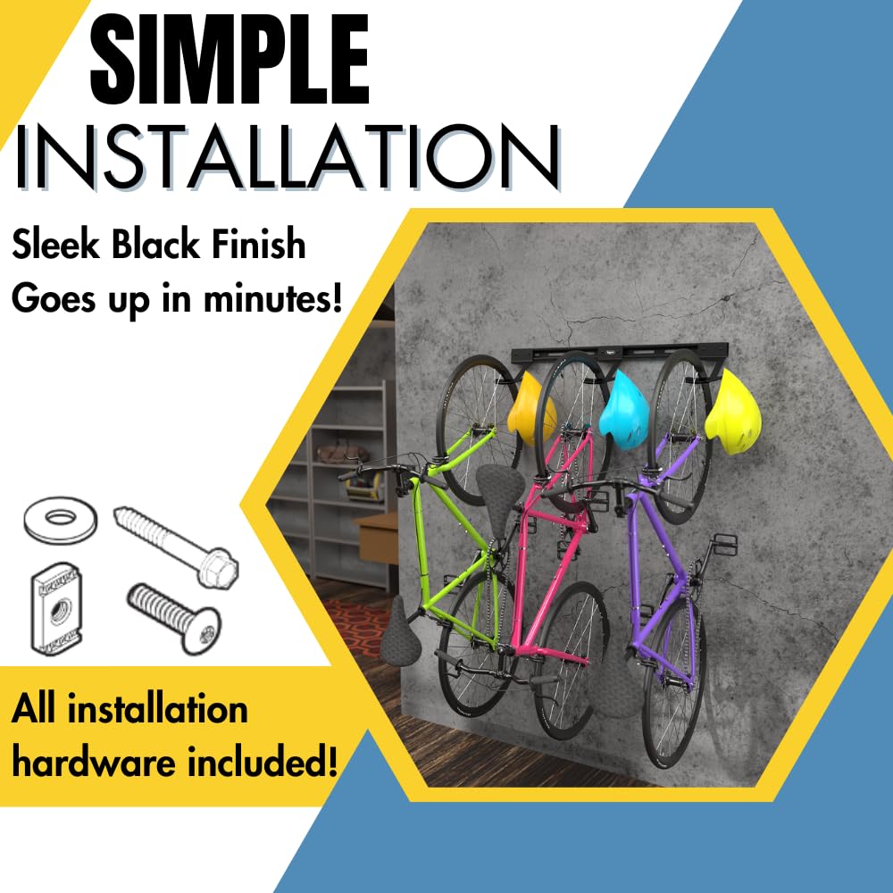 Koova Usa-Made Garage Wall Mount Bike Rack For 2, 3 Or 6 Bicycles  Wide Hooks Fit Regular And Fat Tire Bikes  Includes Helmet St