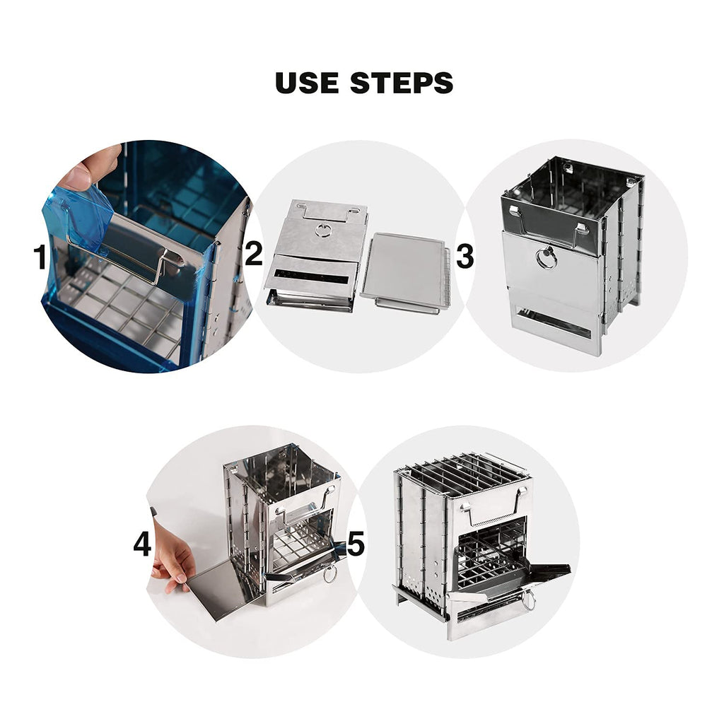 Redcamp Wood Burning Folding Camp Stove Stainless Steel Grill, Portable Collapsible Backpacking Stove Survival Rocket Stove For