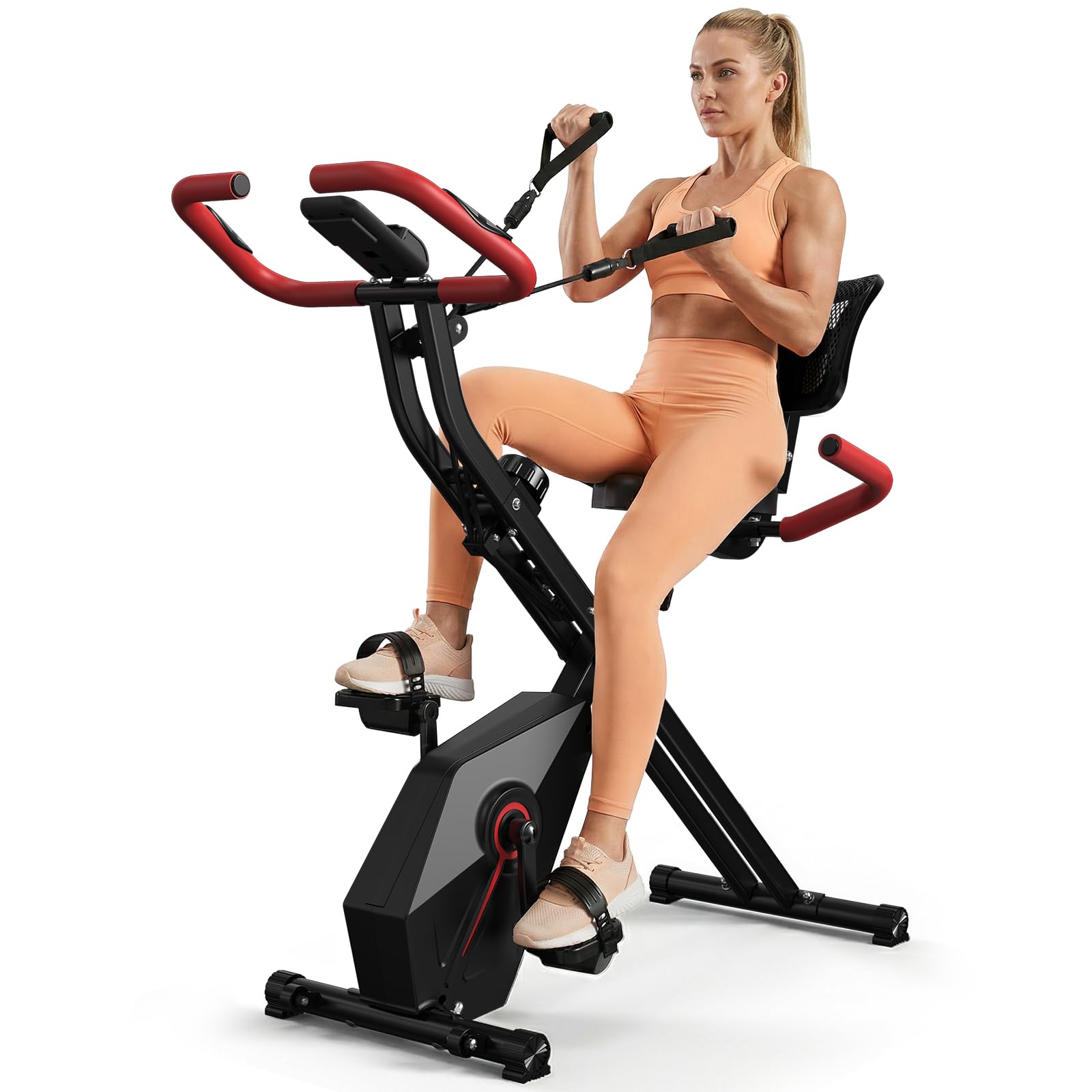 Foldable Exercise Bike - Stationary Bike for Home with Ergonomic Backrest, 300LB Capacity, Arm Resistance Bands, and Heart Rate 