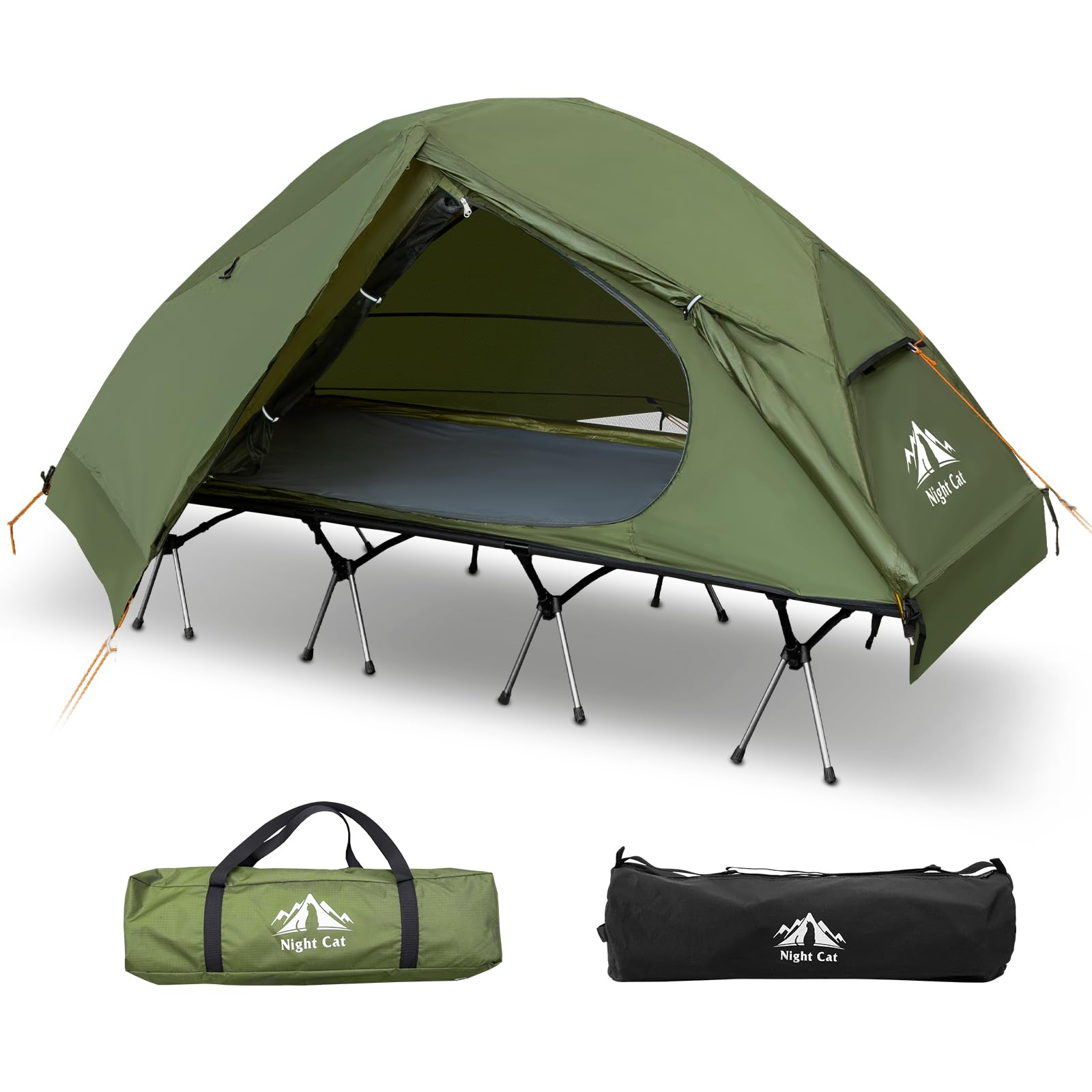 Night Cat Camping Cot Tent - Waterproof 1-Person Off-Ground Combo Cot Bed For Adults Portable Easy Set-Up Tent