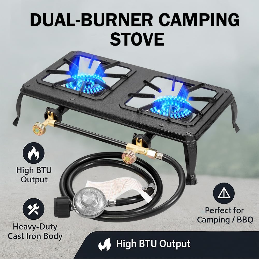 Vivicreate Cast Iron Propane Gas Stove Double Burner Heavy Duty Portable Removable Outdoor Cooker 200Lb Support High Heat For Ca