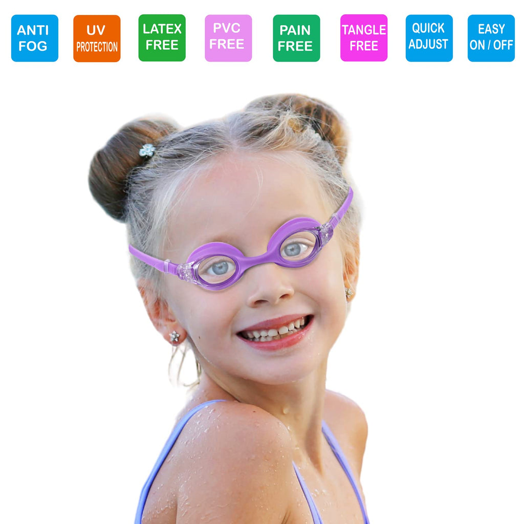 Ruigao Kids Swim Goggles Age 2-6, Toddler Goggles No Hair Pull,Child Goggles Padded Headband (1Pk Kids - Purple Princess)