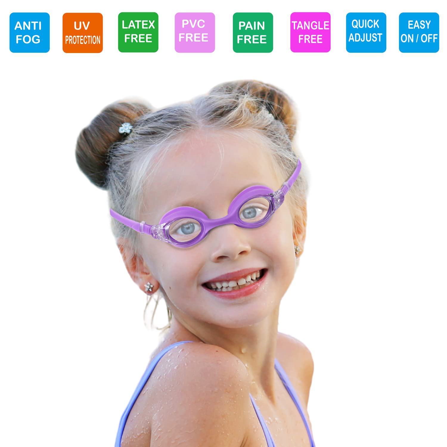 Ruigao Kids Swim Goggles Age 2-6, Toddler Goggles No Hair Pull,Child Goggles Padded Headband (1Pk Kids - Purple Princess)