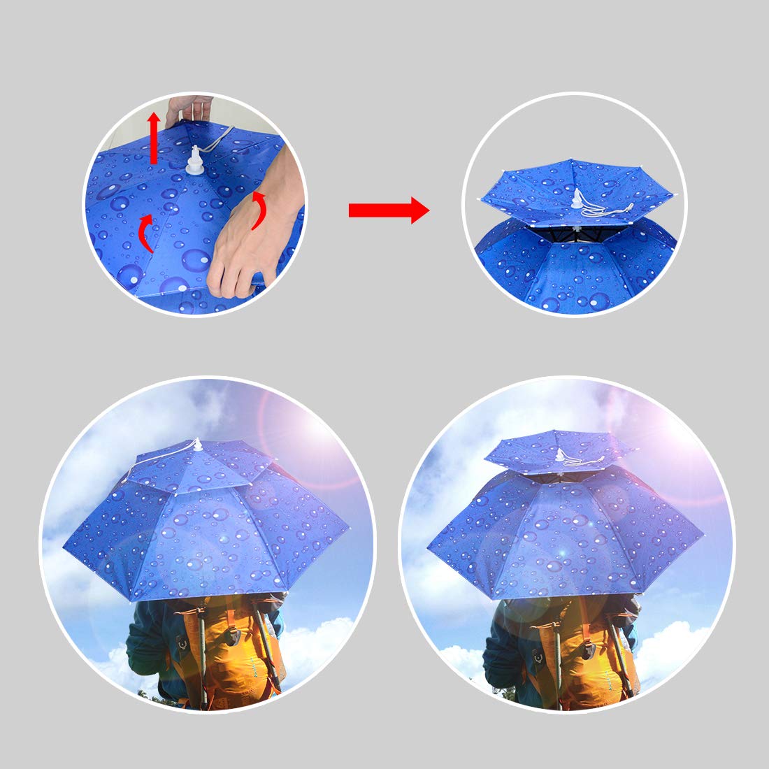 New-Vi Fishing Umbrella Hat Folding Sun Rain Cap Adjustable Multifunction Outdoor Headwear (Blue (Upgraded))