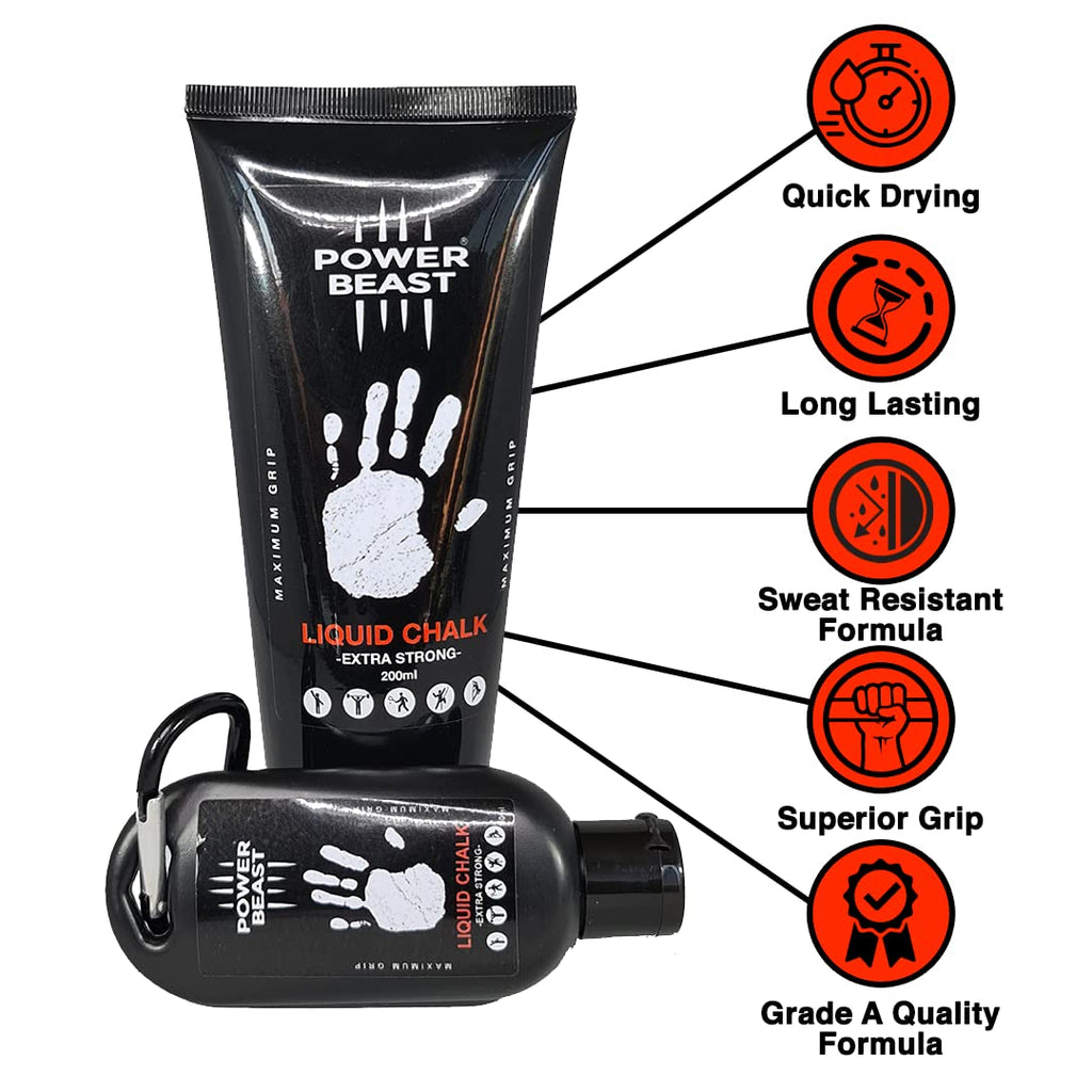 Power Beast Liquid Chalk, 2 Bottles Combo Of 200 + 50 Ml, Liquid Sports Chalk, Free Professional Hand Grip For Gym, Weightliftin